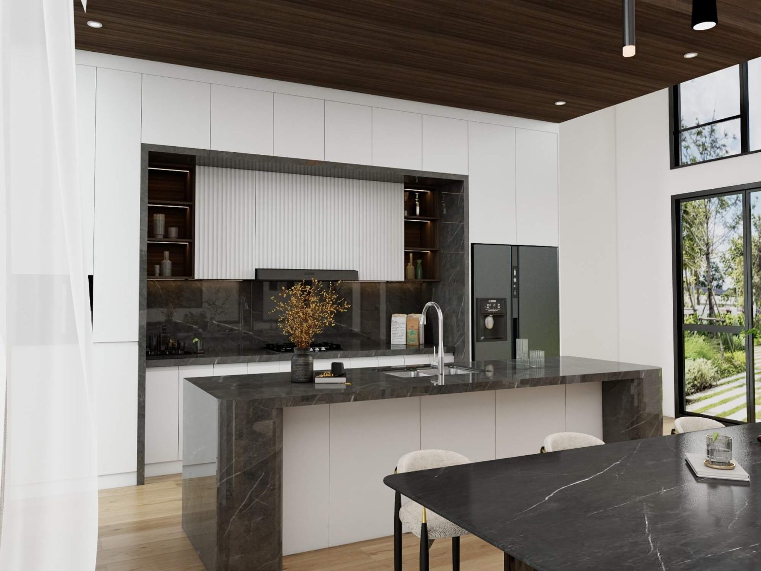 A modern kitchen featuring a black marble island, sleek white cabinetry, and a large window with a view of the outdoors.