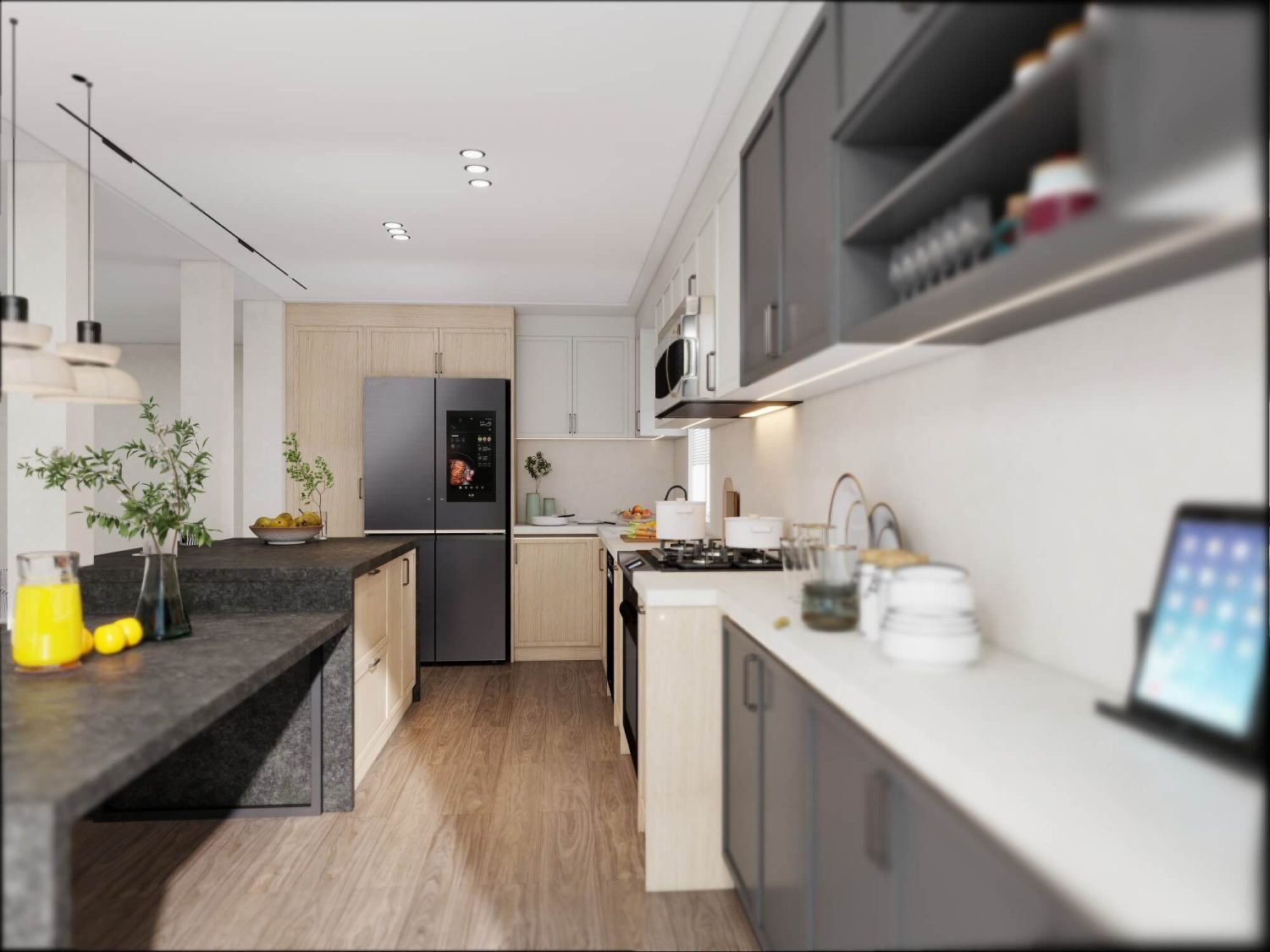 A modern kitchen designed with smart technology integration, featuring dark and light cabinetry, a sleek black refrigerator, and an organized layout.