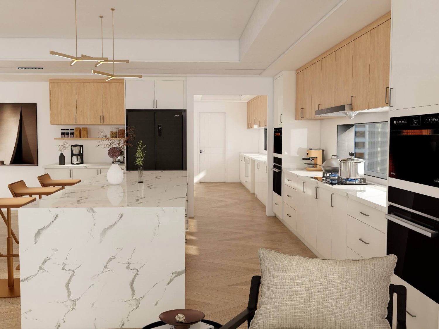 A modern kitchen featuring custom integration with smart technology, showcasing marble countertops, wood cabinetry, and high-tech appliances.