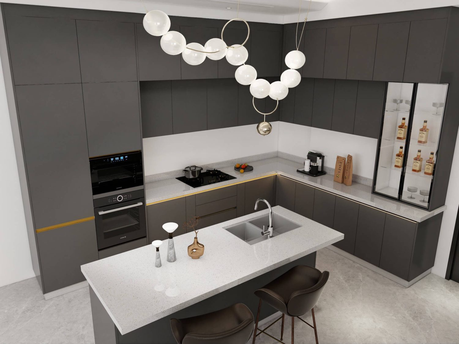 A modern kitchen with dark cabinetry, marble countertops, multi-functional design, and elegant lighting, perfect for both cooking and entertaining.