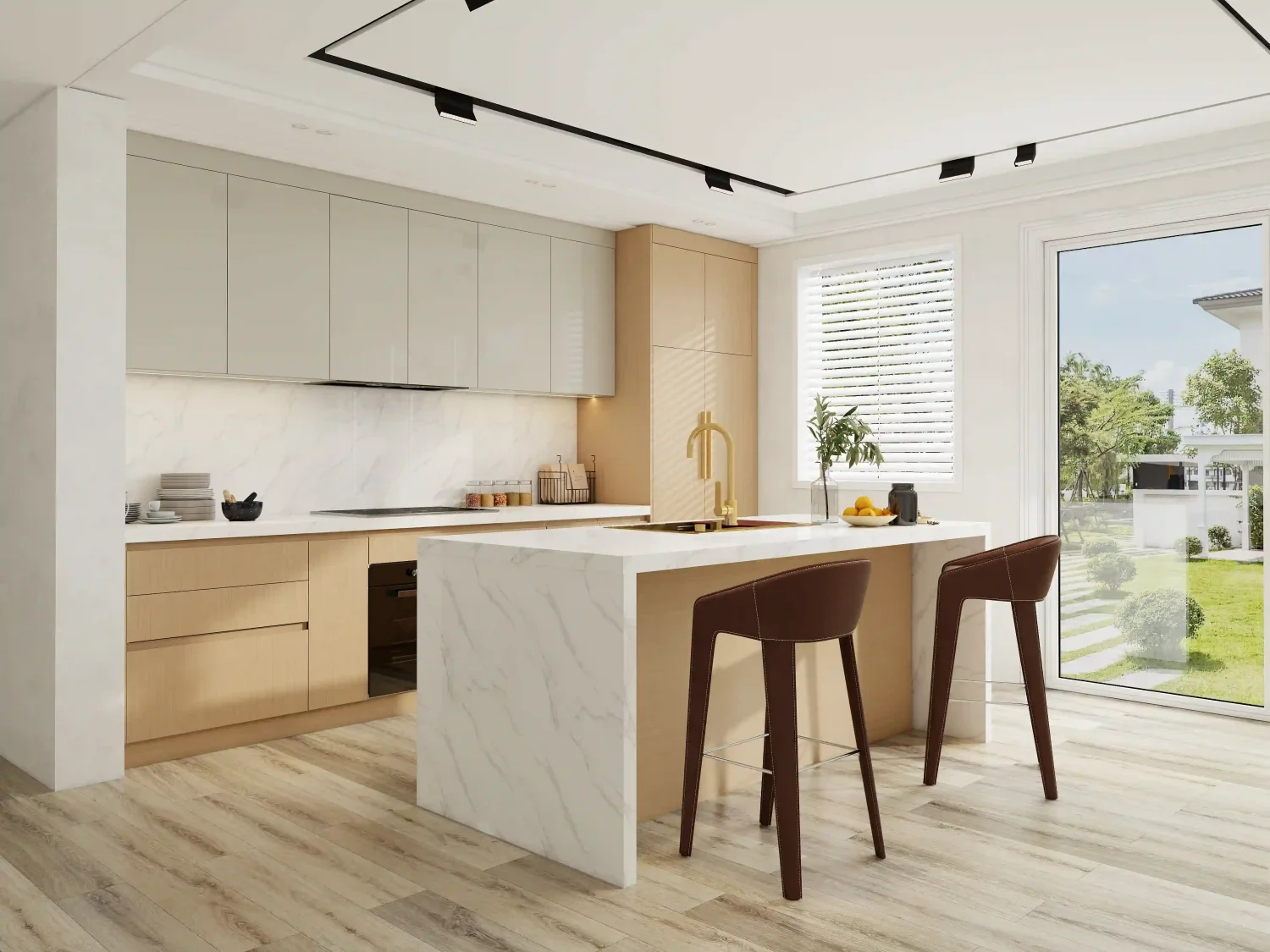 modern kitchen design with beige and white cabinets marble island and leather stools in UAE 5