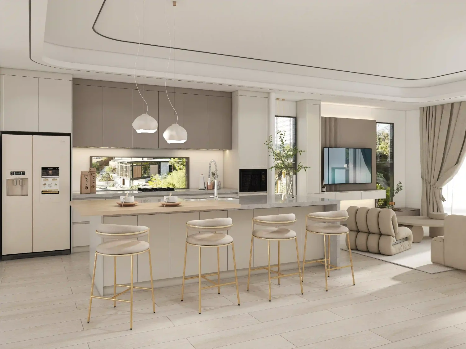 Kitchen Cabinets for Sale in UAE 1 modern kitchen design with beige cabinets marble island and gold bar stools in UAE