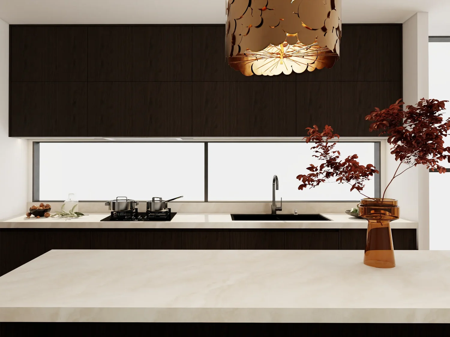 modern kitchen design with dark wood cabinets marble island and green bar stools in UAE 1