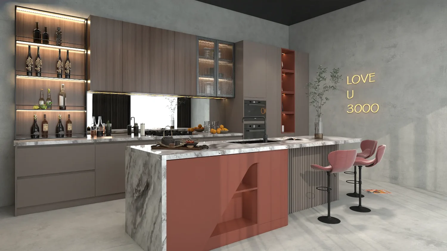 modern kitchen design with pink stools marble island and wood accent cabinets in UAE 6