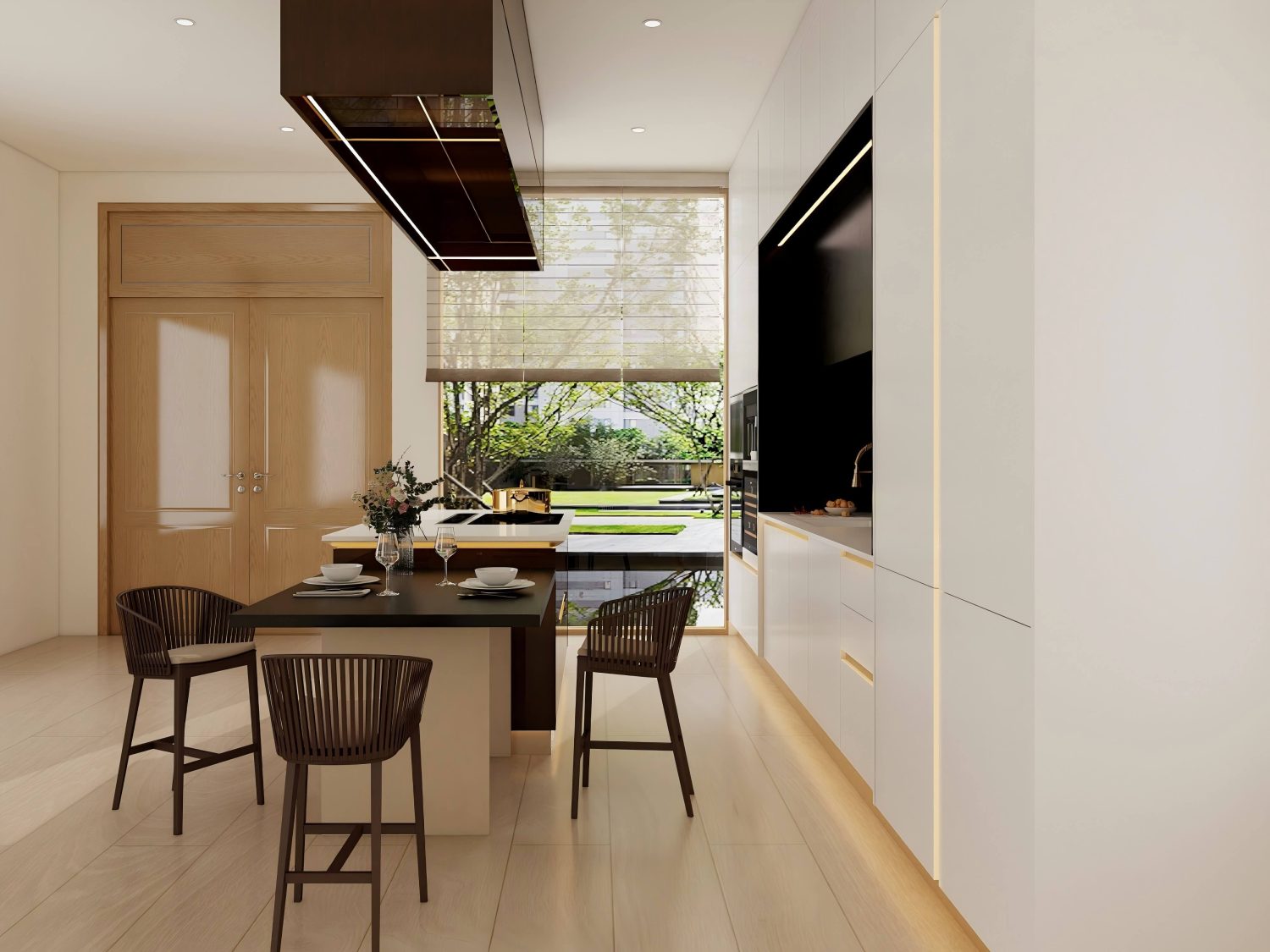 A modern kitchen with a dining area, featuring sleek cabinetry, a dark wood range hood, and a large window offering an outdoor view.