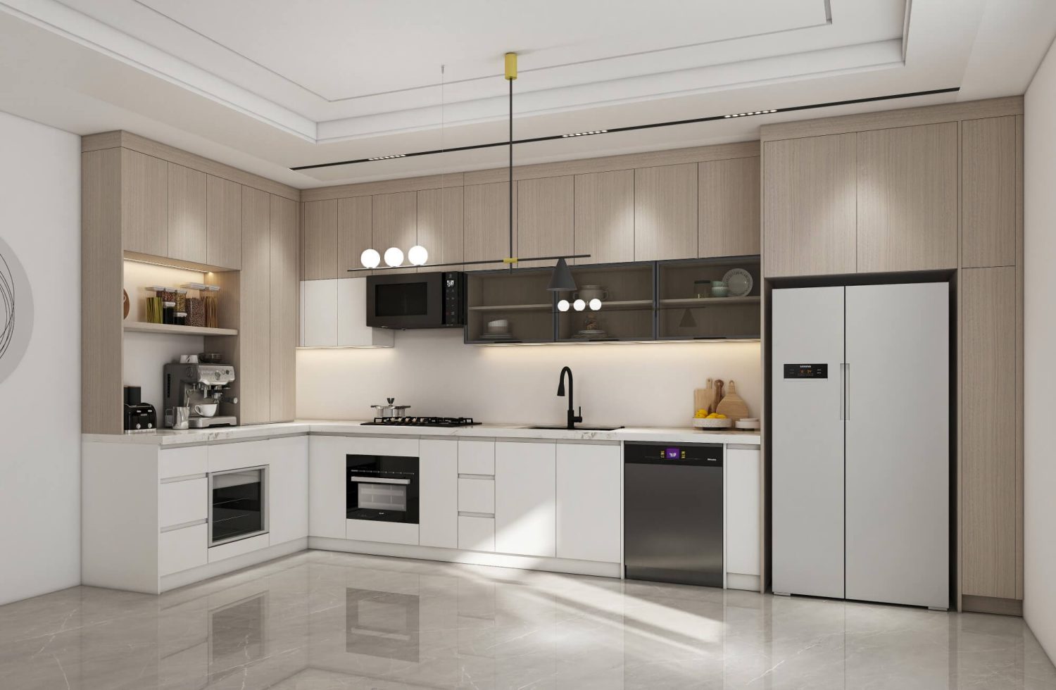A sleek modern kitchen with dual-tone cabinetry, marble countertops, and high-end appliances, designed for contemporary spaces.
