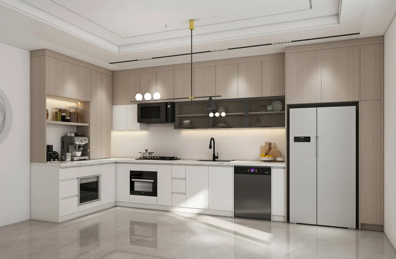 Una cocina moderna y elegante con gabinetes de dos tonos, encimeras de mármol y electrodomésticos de alta gama, diseñada para espacios contemporáneos.