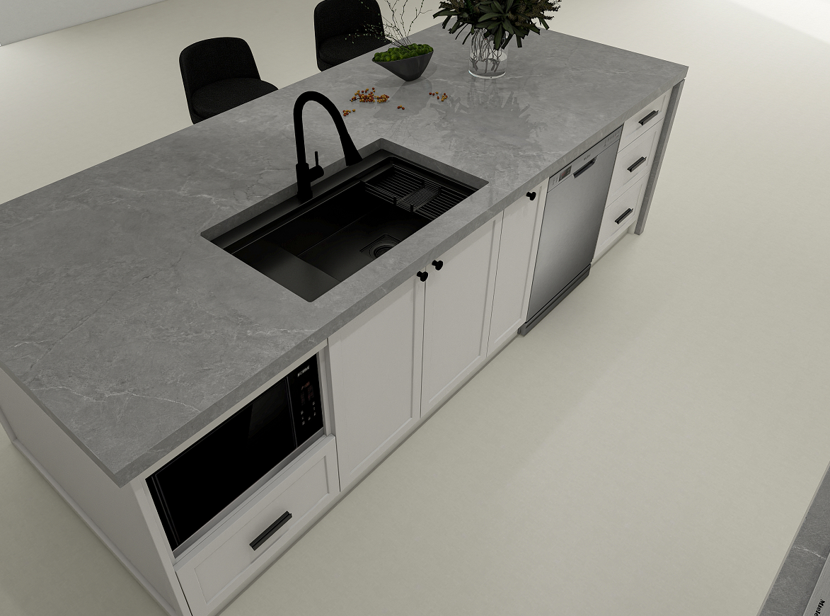 A sleek kitchen island cabinet with a gray countertop, sink, microwave, and dishwasher