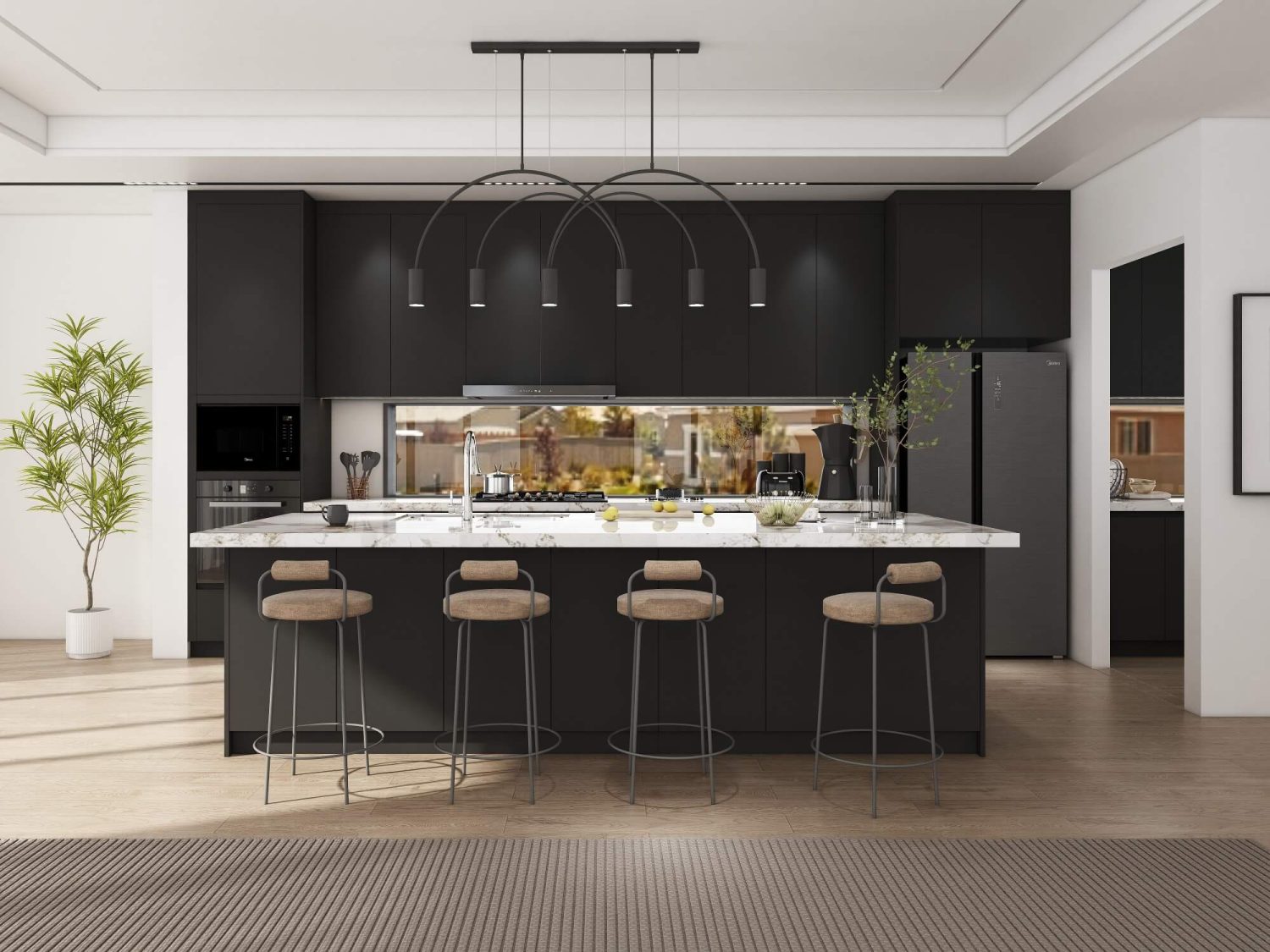A modern kitchen with a multi-functional island, black cabinetry, marble countertops, and stylish lighting, perfect for cooking and entertaining.