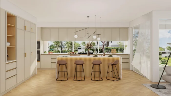 A modern kitchen with a multi-functional island, light wood cabinetry, and large windows offering a view of the outdoors.