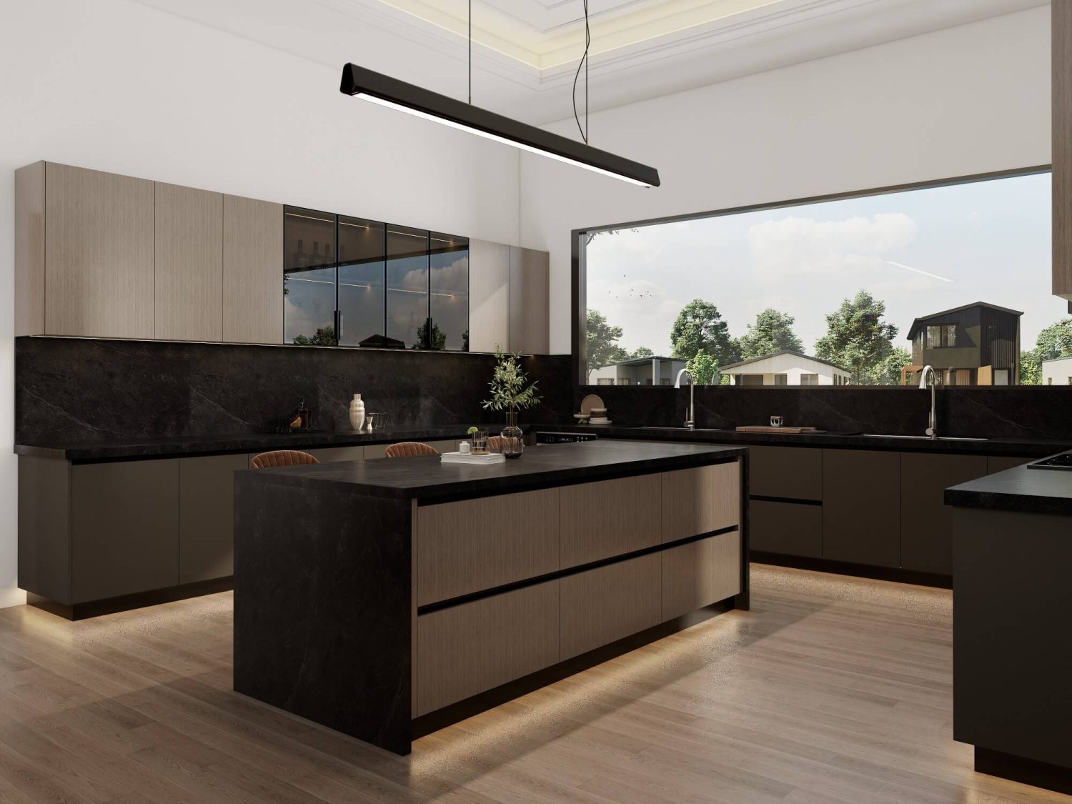 A modern kitchen with smart technology integration, featuring wood and black cabinetry, a large island, and a wide window providing natural light.