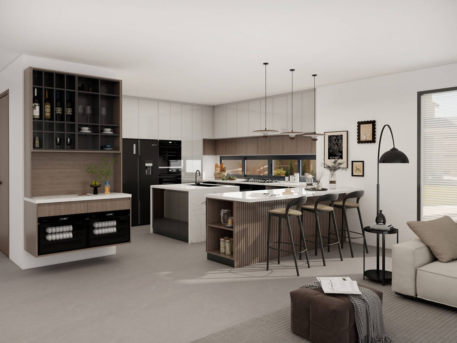 A modern kitchen with integrated smart features, wood accents, wine storage, and sleek appliances designed for functionality and style.