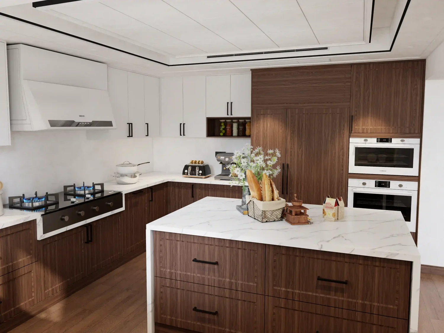 modern kitchen with marble island wood cabinets and minimalist design 4