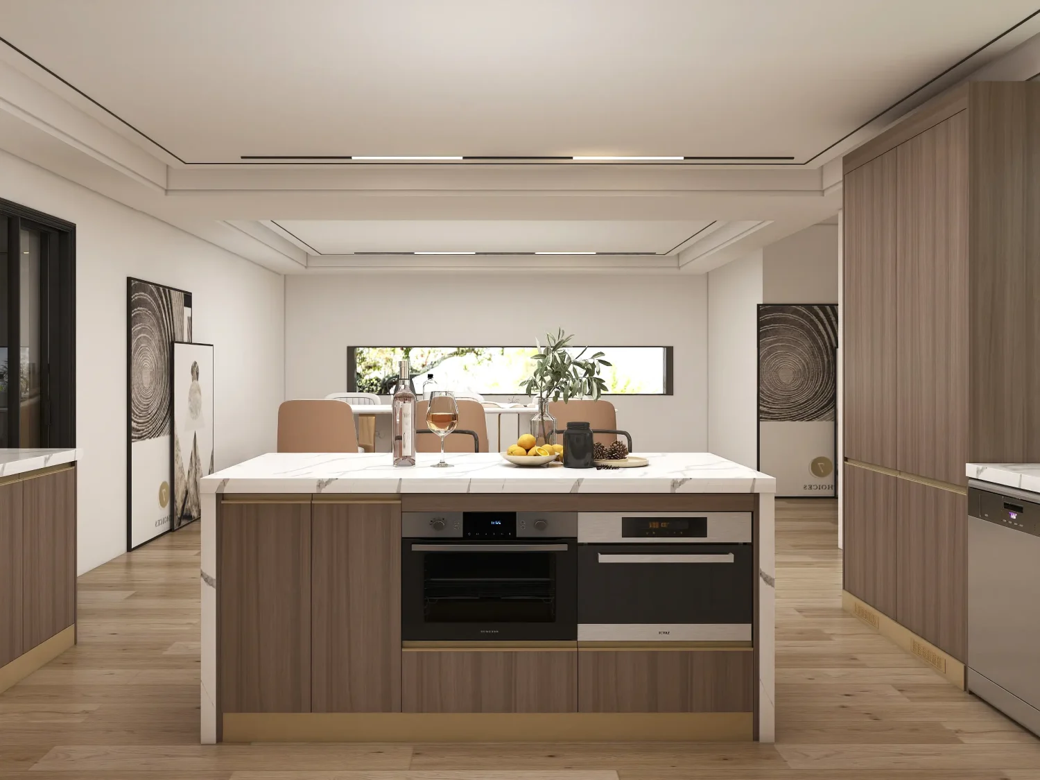 modern kitchen with wood cabinets marble island and stylish bar stools 6