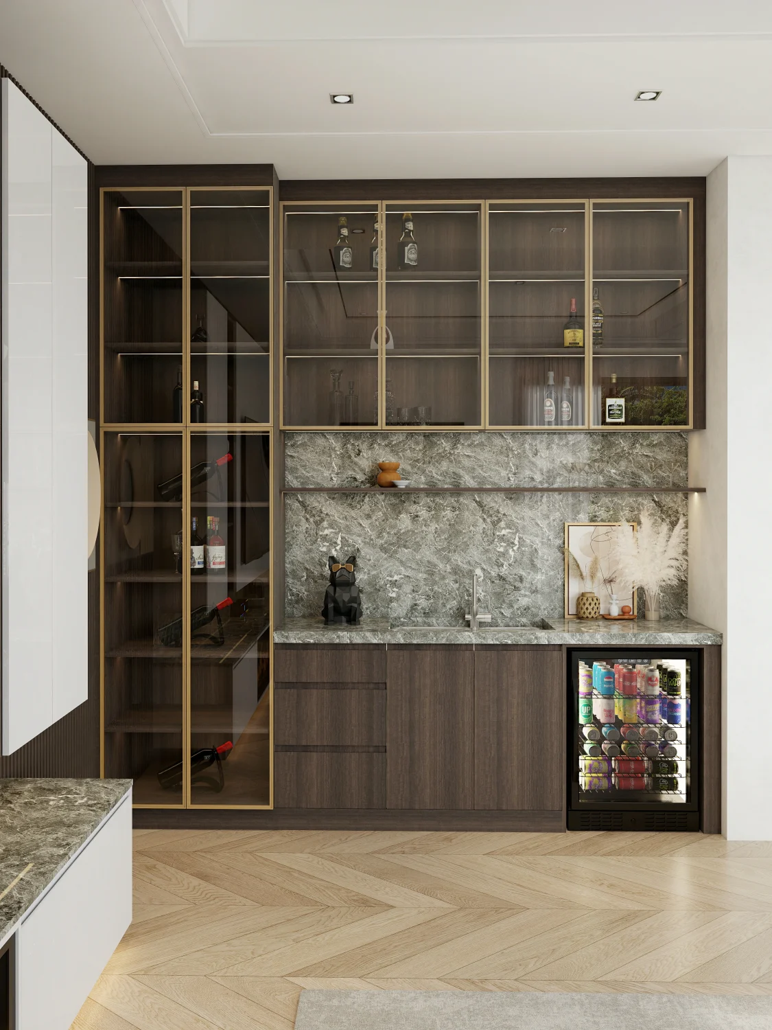 Elegant wine cabinet storing a collection of bottles in a sleek kitchen