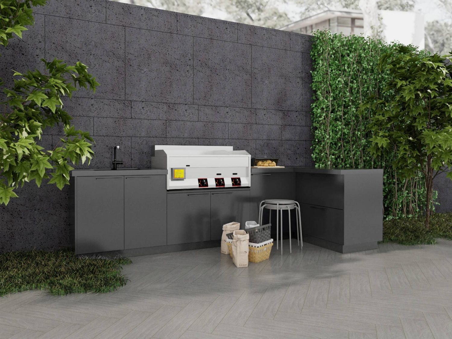 An industrial modern outdoor kitchen featuring dark cabinetry, a sleek countertop, and a built-in grill with a green garden view.