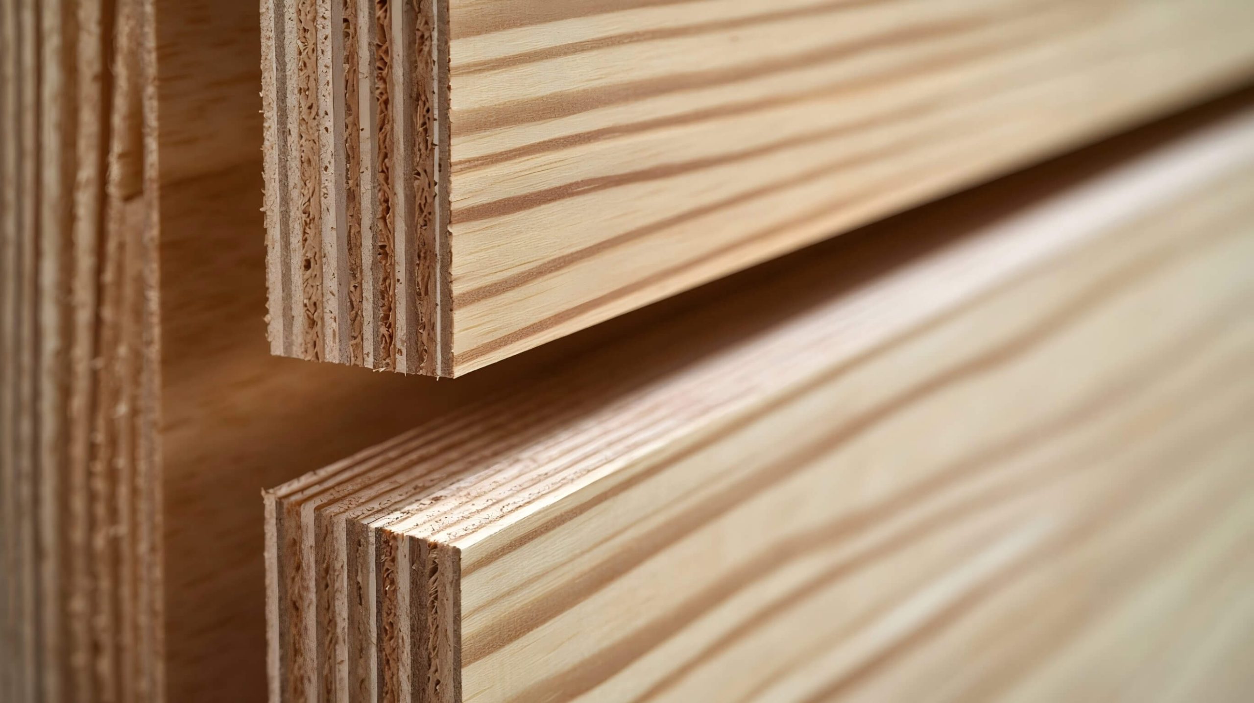 Close-up of plywood sheets showing layered edge structure.