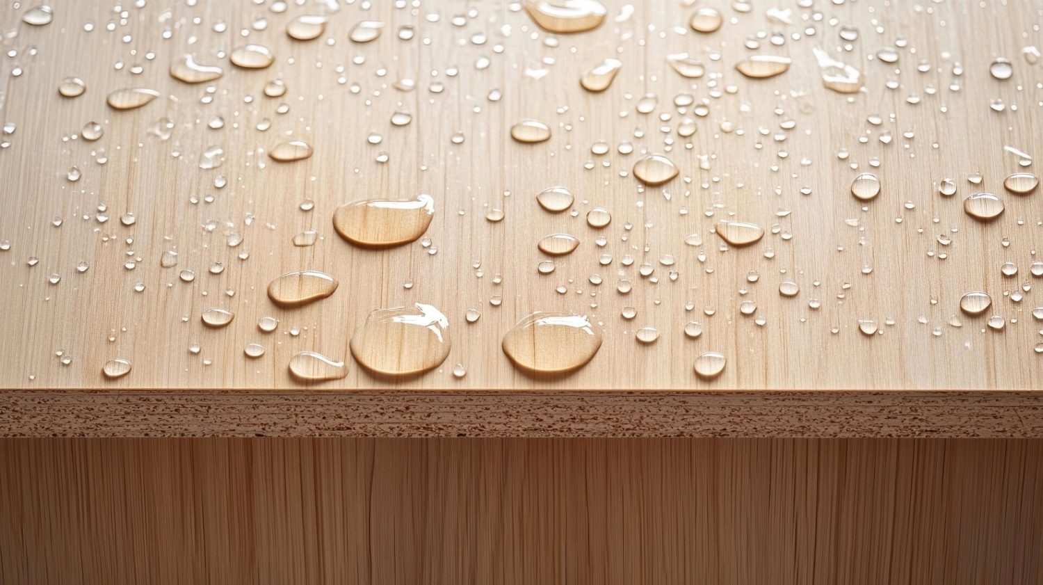 Water droplets beading on plywood surface showing moisture resistance.