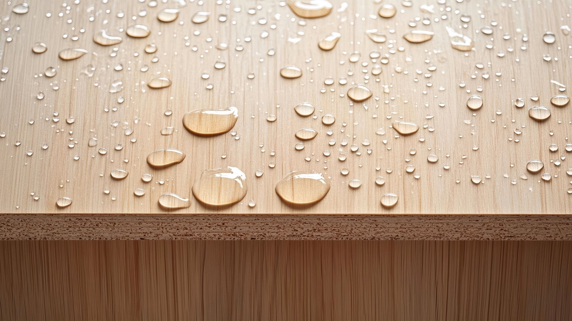 Water droplets beading on plywood surface showing moisture resistance.
