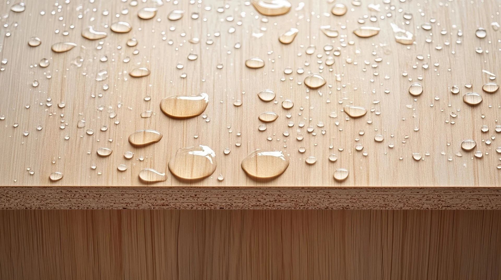 Plywood Kitchen Cabinets 20 Water droplets beading on plywood surface showing moisture resistance.