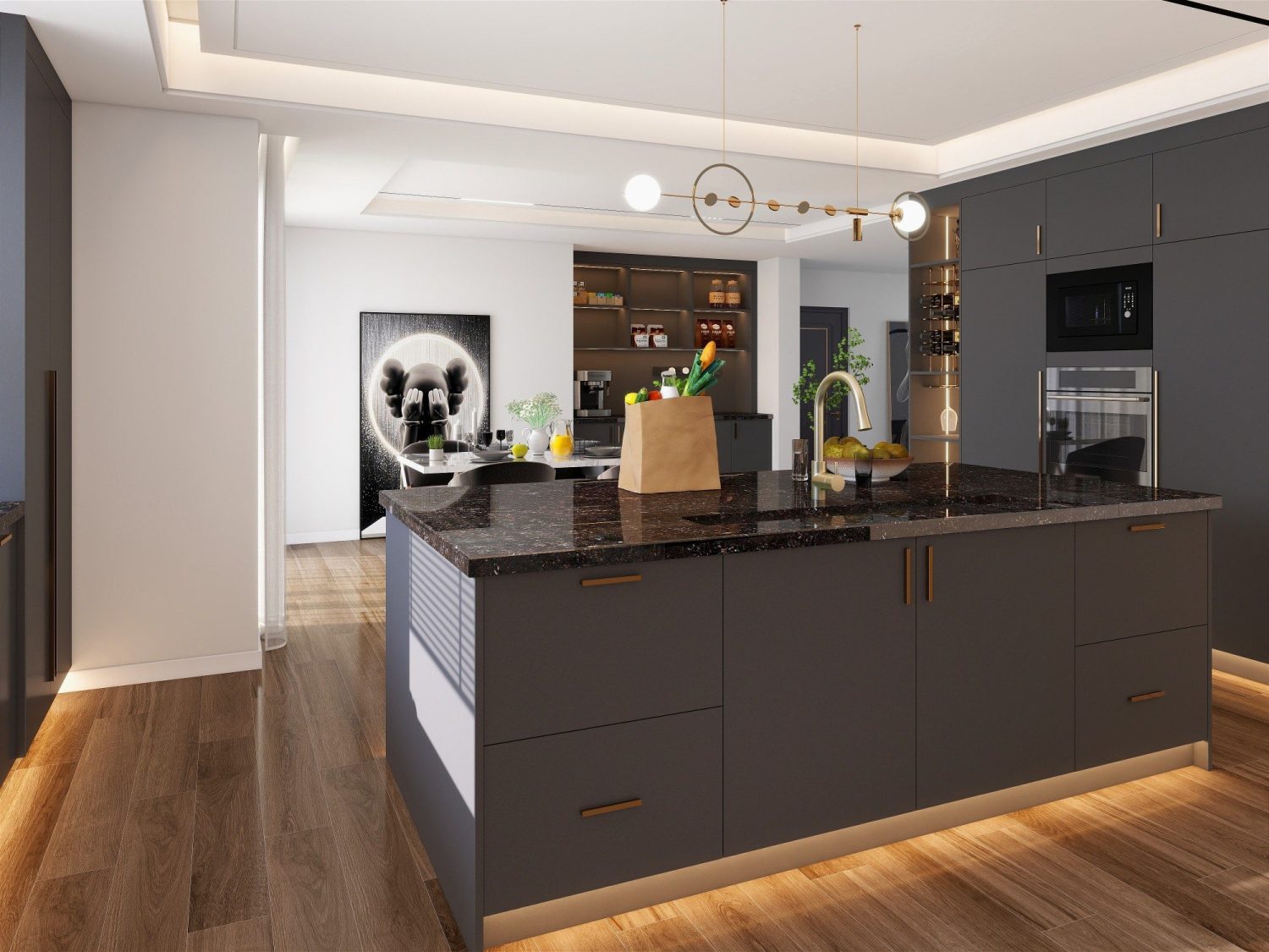 Dark gray luxury kitchen cabinets with brass handles, integrated oven stack and a dark marble island in a spacious residence