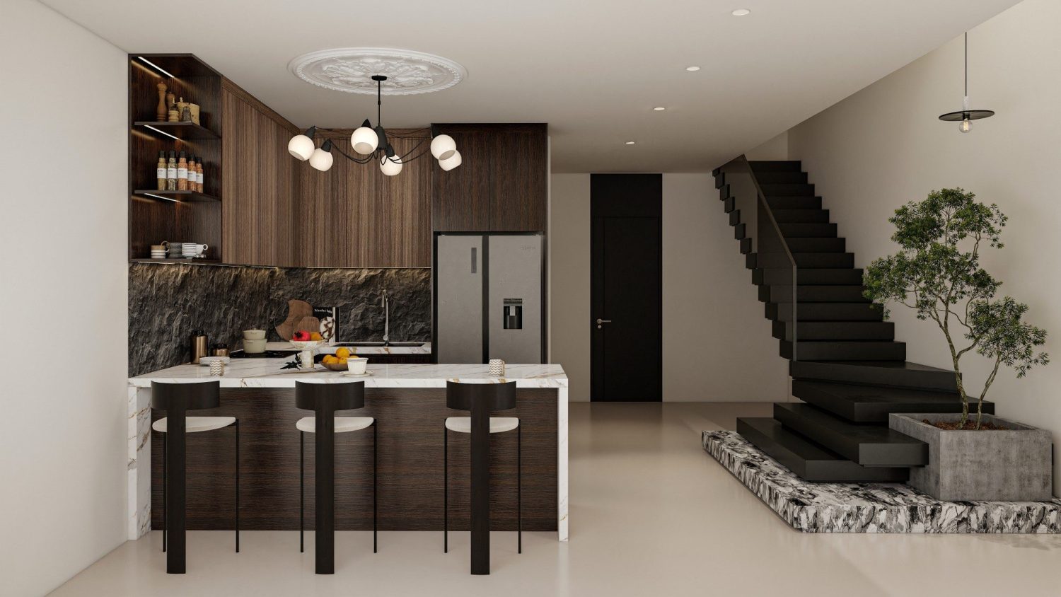 Dark wood luxury kitchen cabinets with white marble countertop, integrated refrigerator and waterfall island seating in spacious foyer