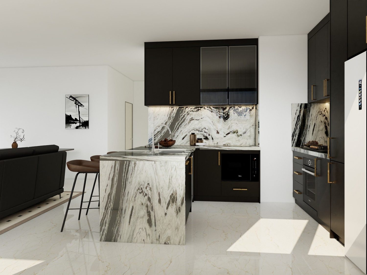 Black luxury kitchen cabinets paired with dramatic gray-and-white marble waterfall island and integrated appliances in open-plan living space