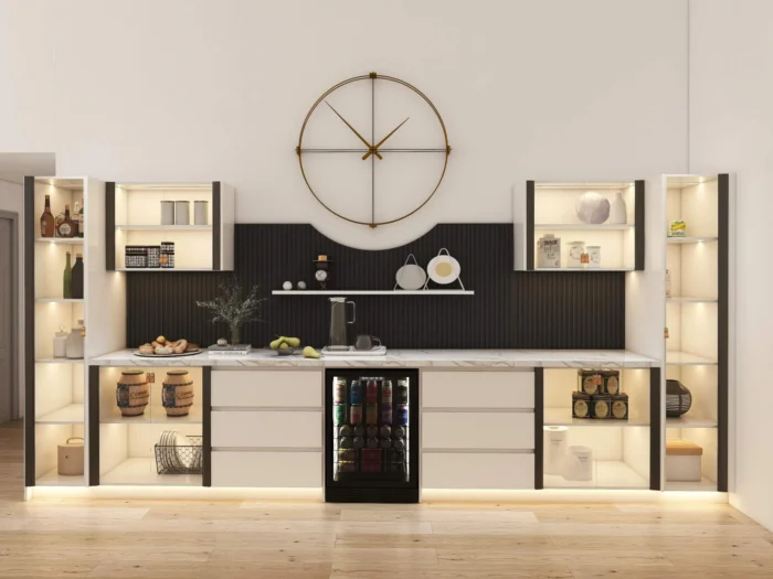 Modern kitchen with premium cabinets featuring open shelving, illuminated storage, and a sleek black accent wall, showcasing Canadian craftsmanship.
