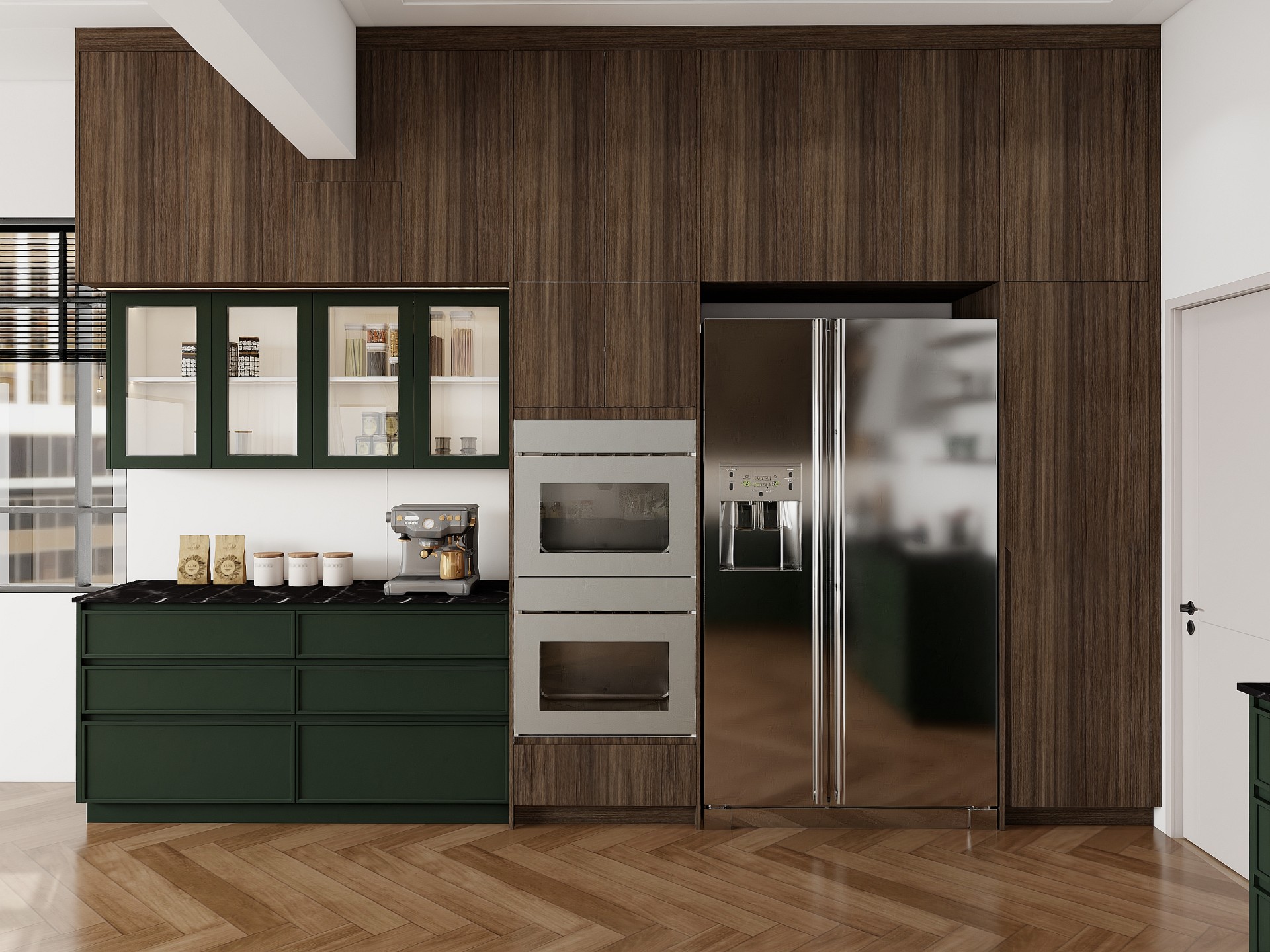 Custom plywood kitchen cabinets with dark wood finish, green lower units and built-in stainless appliances.