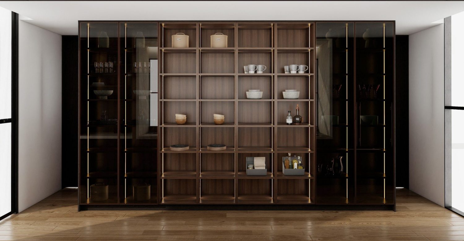 Provincial luxury-style dark wood cabinet display with glass inserts, illuminated shelves, and organized storage.