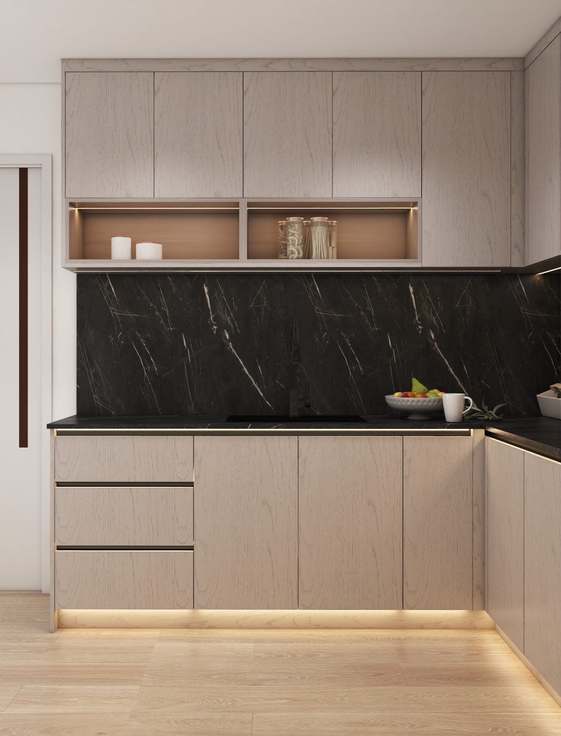 Elegant kitchen with light wood cabinetry, black marble backsplash, and under-cabinet lighting for a sleek modern style.