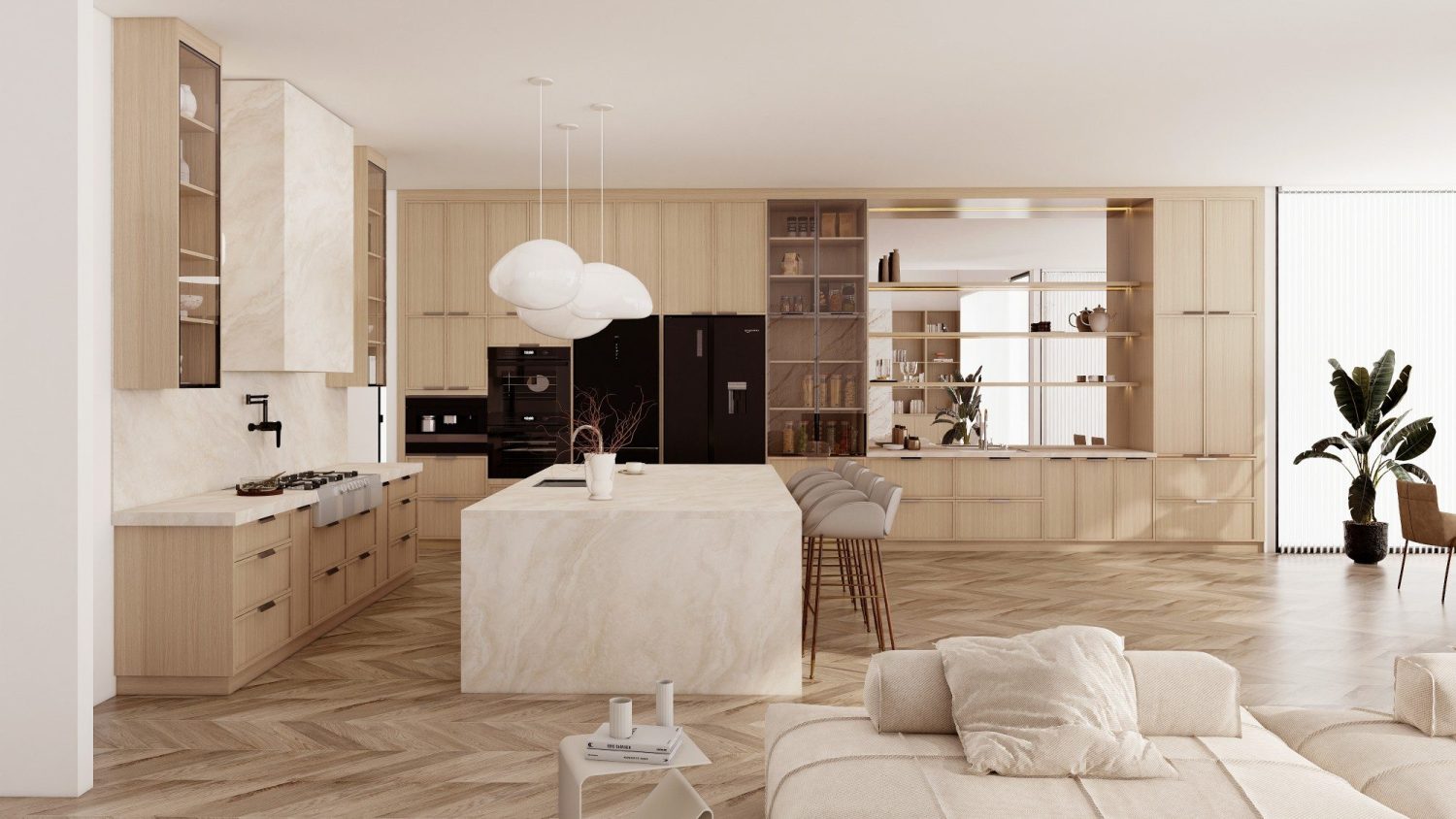 Provincial luxury-style kitchen with modern wooden cabinets, marble island, and open shelving for stylish storage and display.