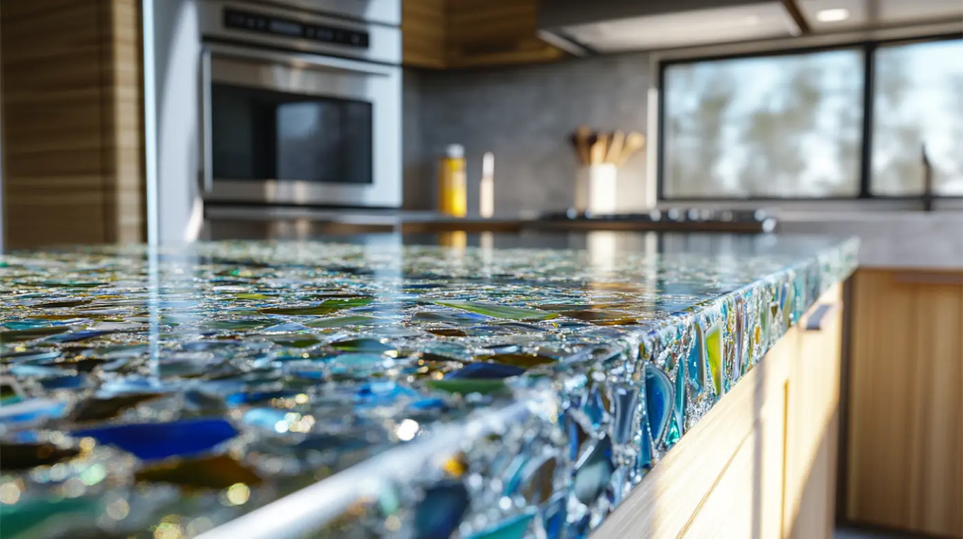 Eco-friendly recycled glass countertop with colorful fragments in a stylish modern kitchen.