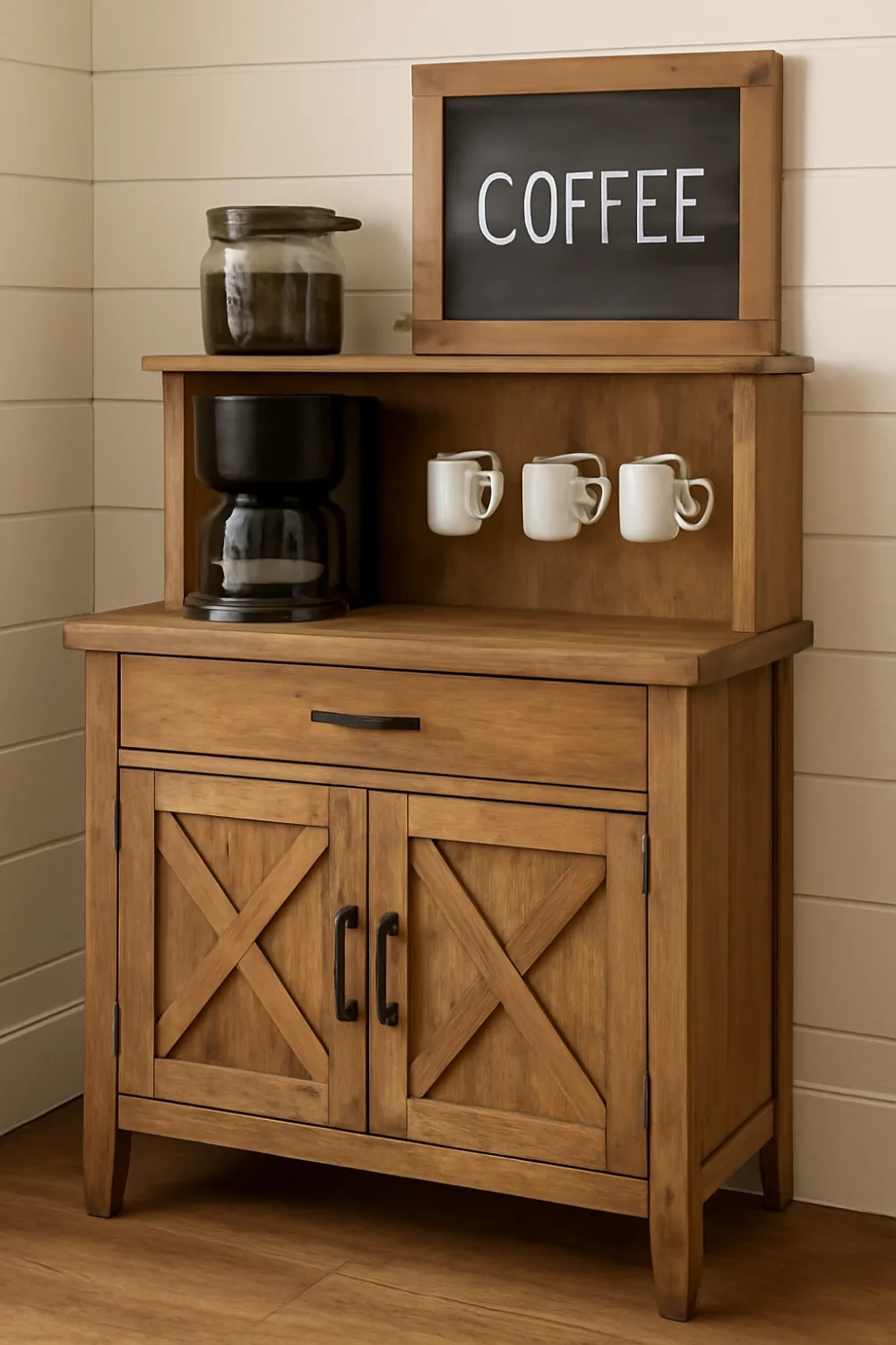 rustic coffee bar cabinet with wooden design, chalkboard, coffee maker, and hanging mugs