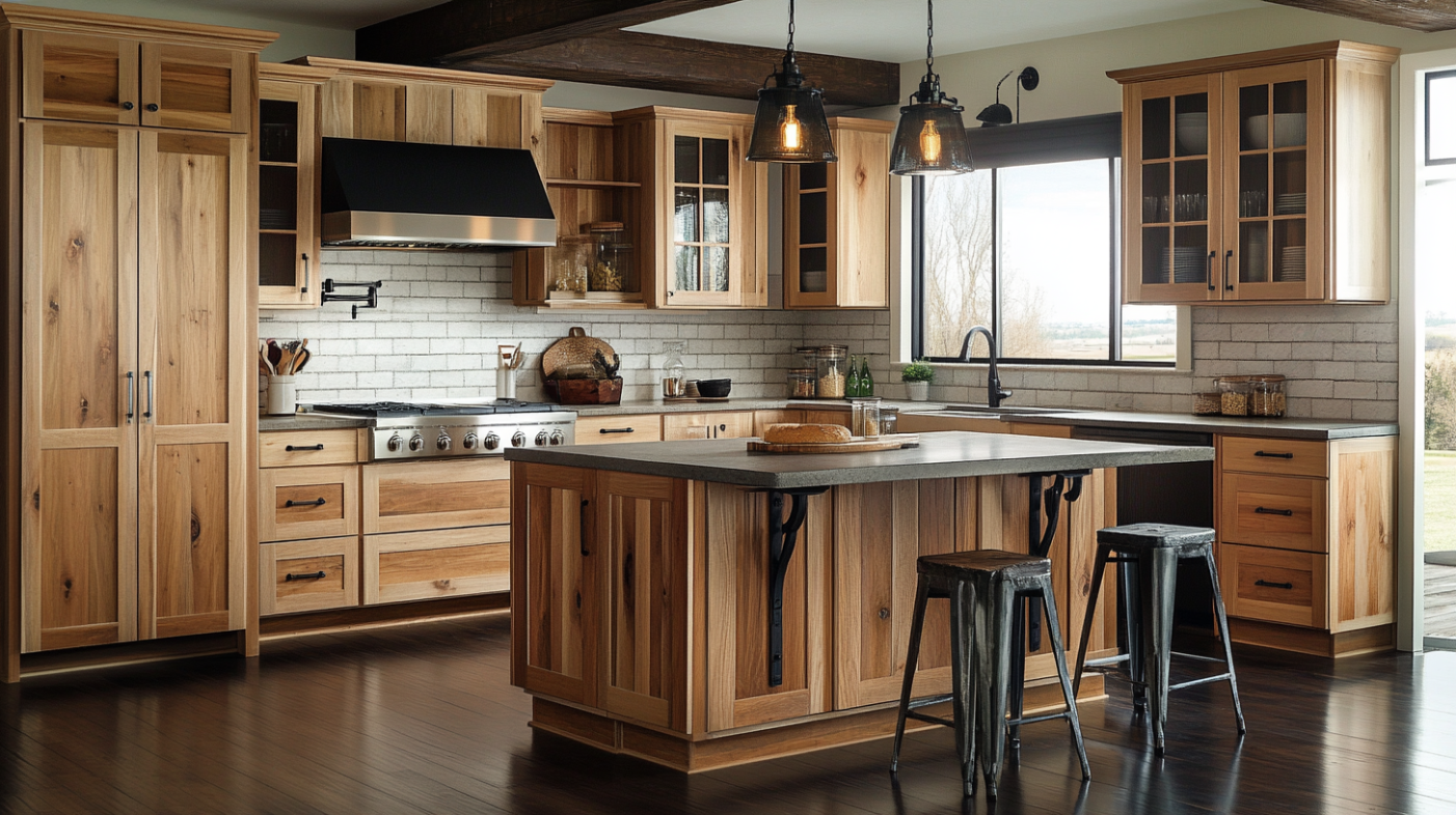 What Are the Pros and Cons of Choosing Pine Cabinets? 1 Rustic kitchen featuring knotty pine cabinets and a central island