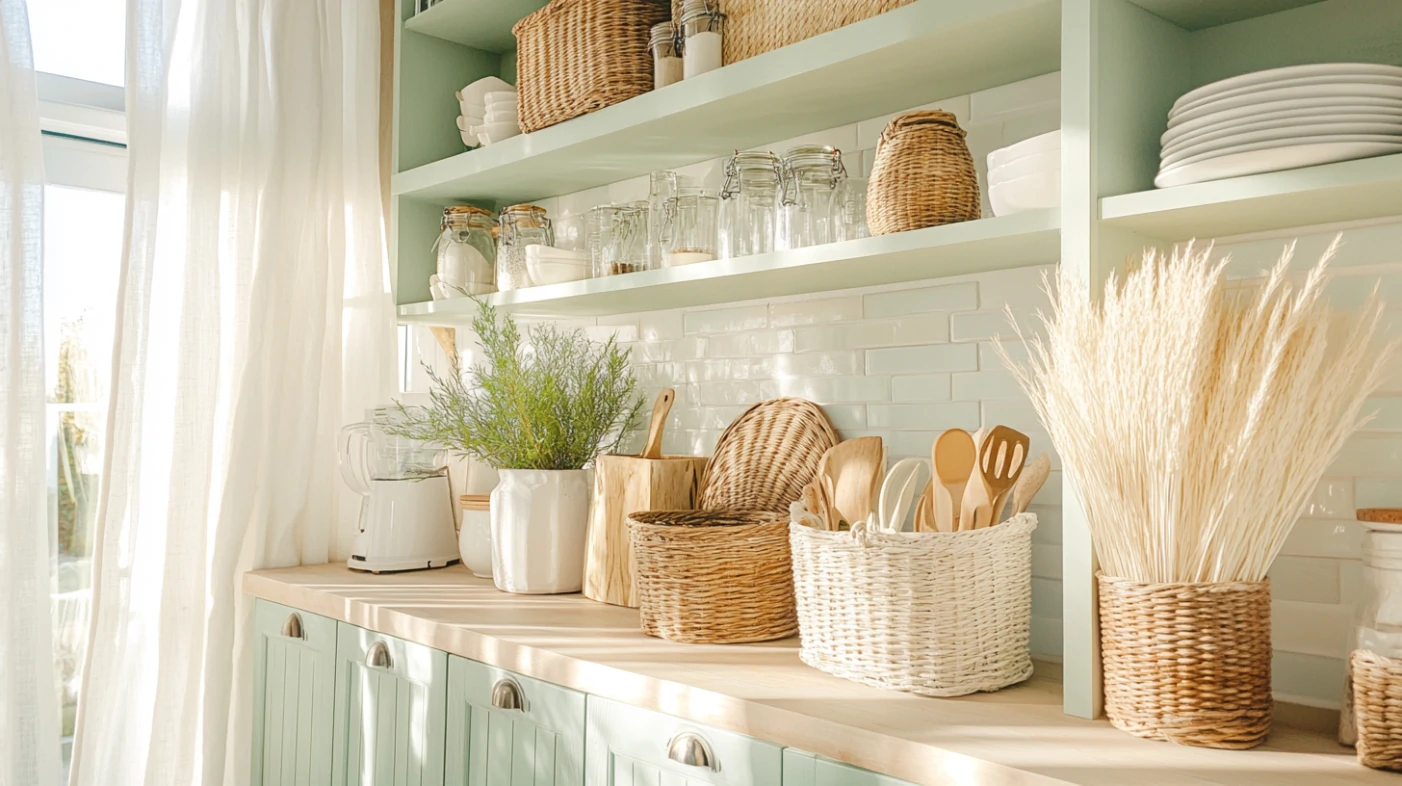 Bright coastal kitchen featuring pine cabinets, shelves, and wicker decor