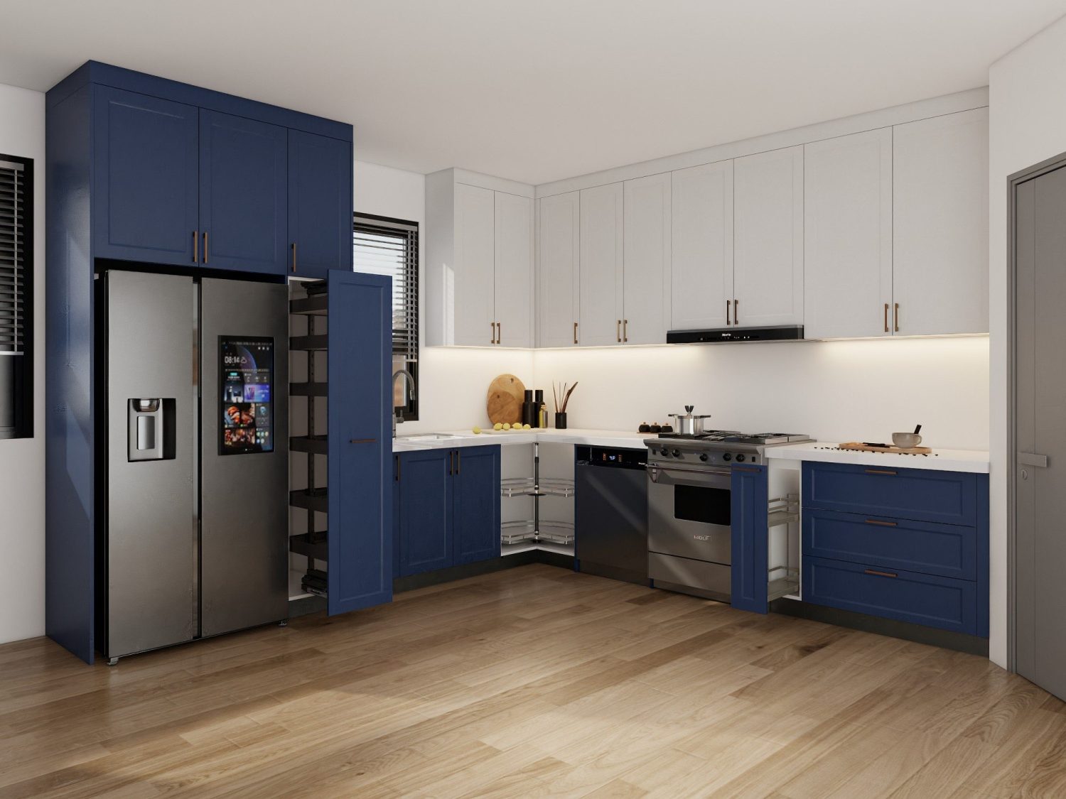 White and navy Shaker kitchen units with framed-panel doors, brass handles, corner pull-out shelves and marble countertops