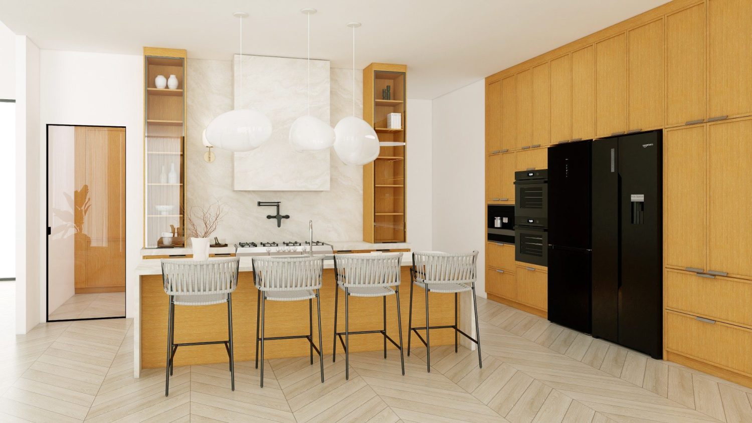 Oak Shaker kitchen units with framed-panel doors, brass handles, full-height pantry cabinets and marble-topped island