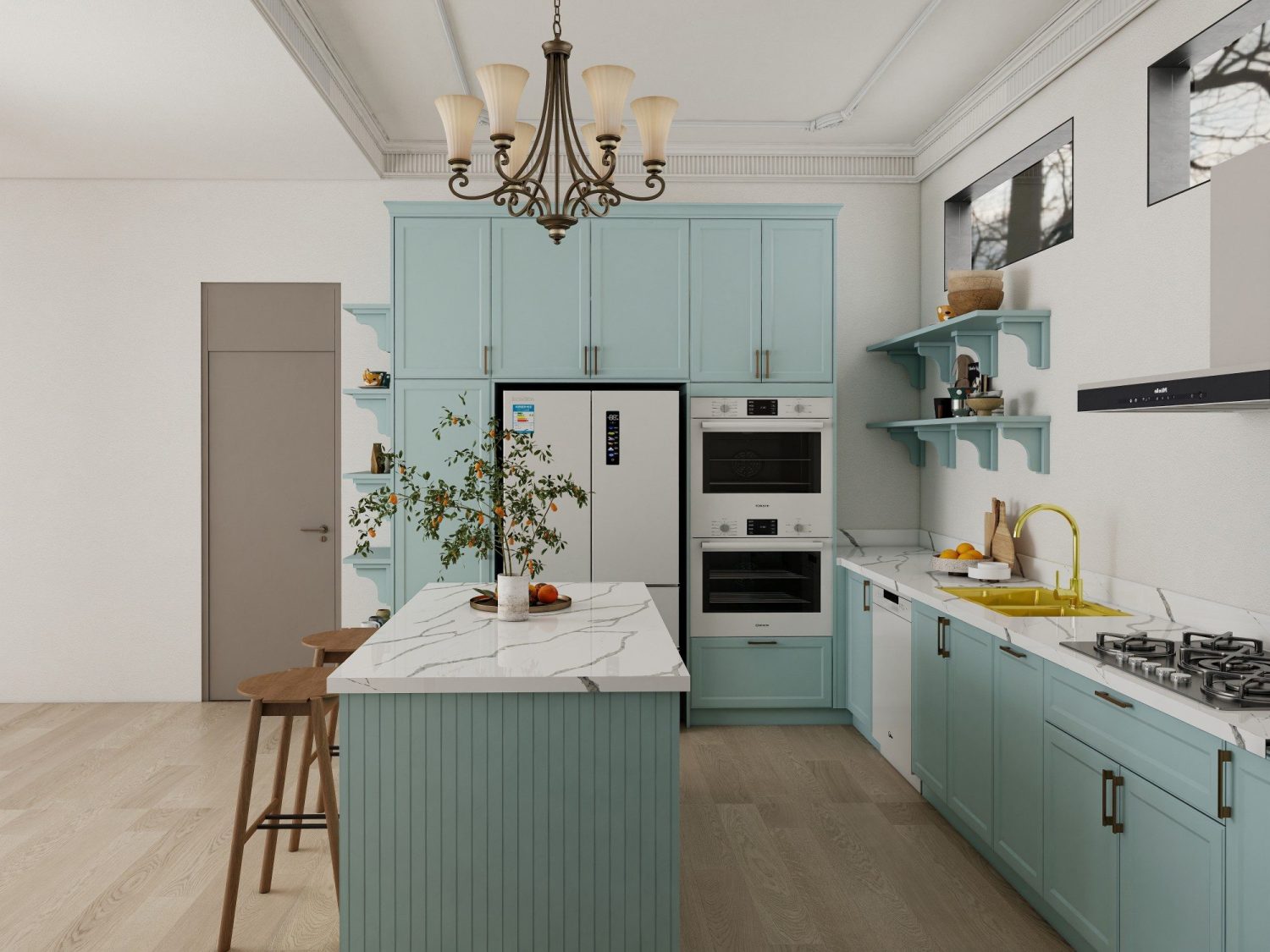 Teal Shaker kitchen cabinets with framed-panel doors, brass hardware, marble countertops, integrated island and open shelving