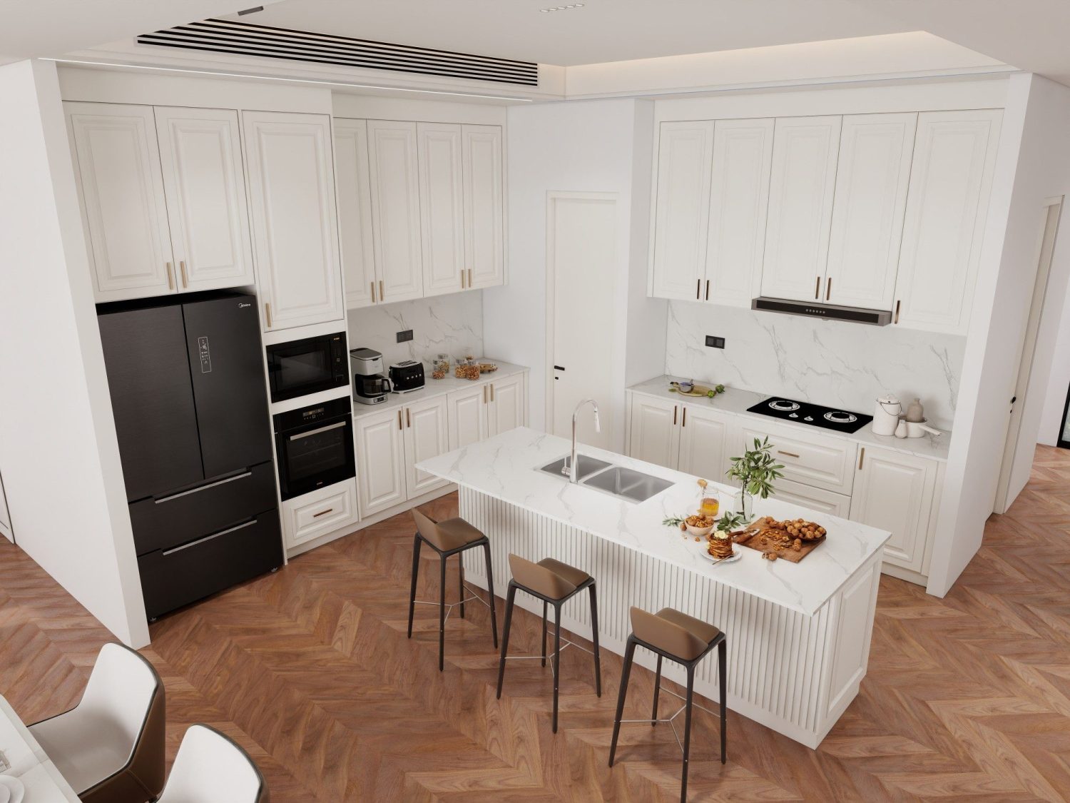 White Shaker kitchen cabinets with framed-panel doors, brass handles, marble-topped island and herringbone oak floor