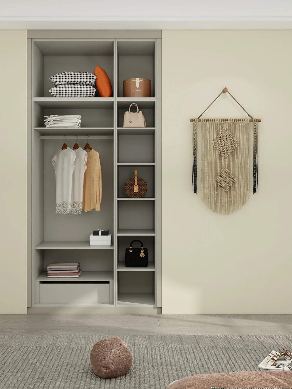 Closed shaped closet doors in a minimalist and stylish room.