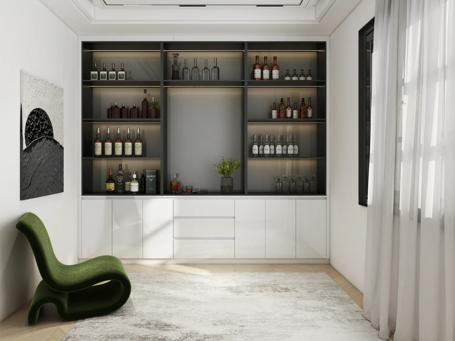 Single-zone wine cabinet with glass shelves and white lower cabinets