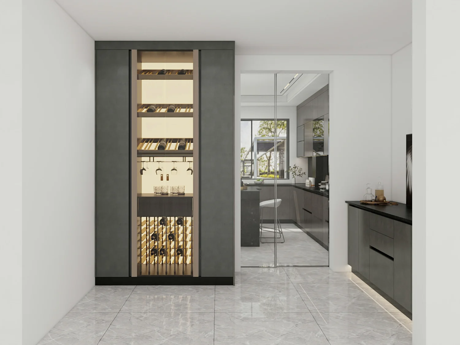 Glass-front built-in wine cabinet showcasing bottles and hanging glasses
