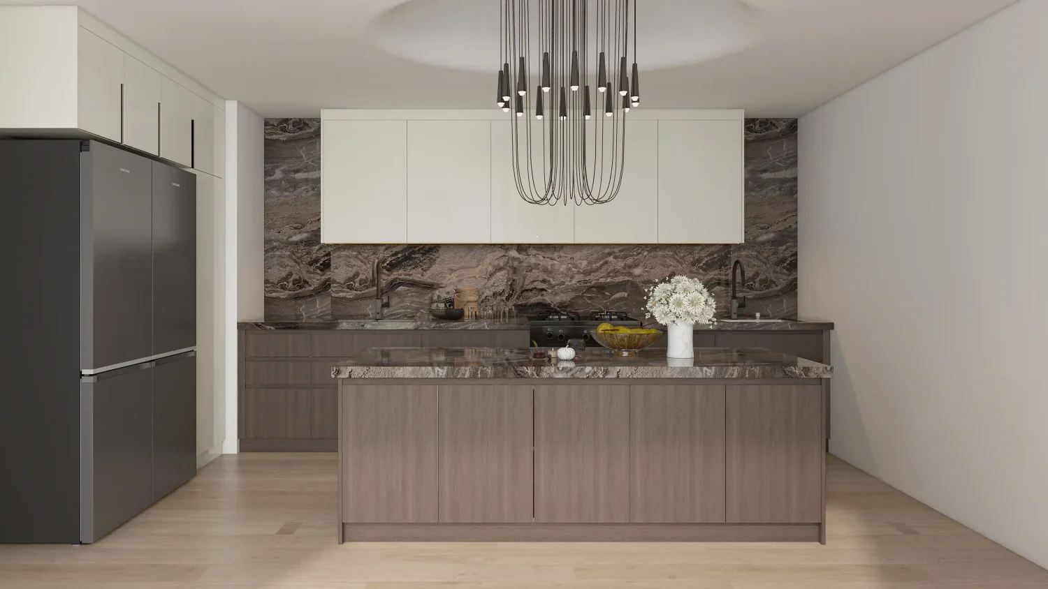 sleek kitchen design with marble backsplash dark wood cabinets and modern pendant lighting