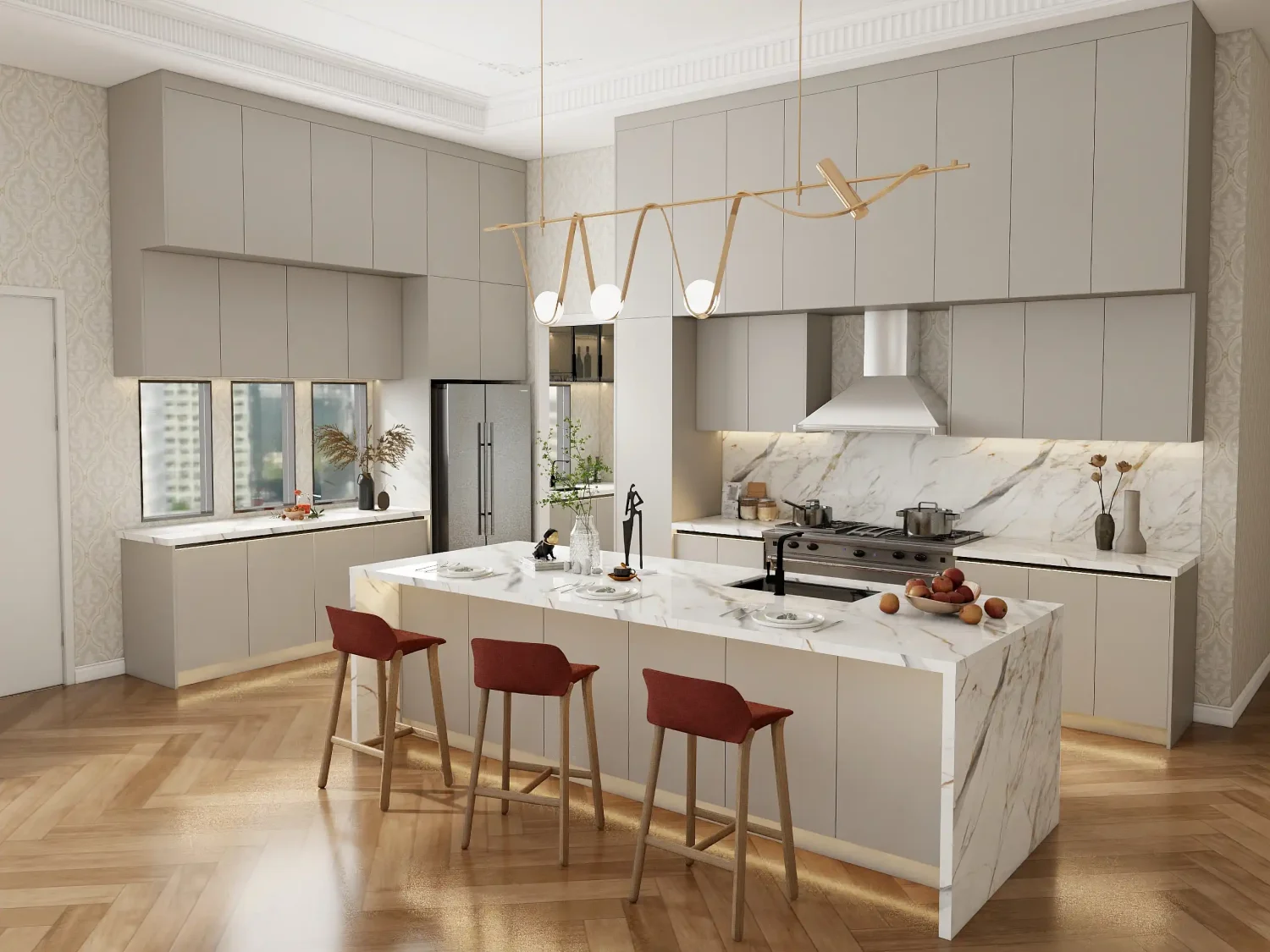 sleek kitchen design with marble island modern cabinets and pendant lighting in contemporary home 1