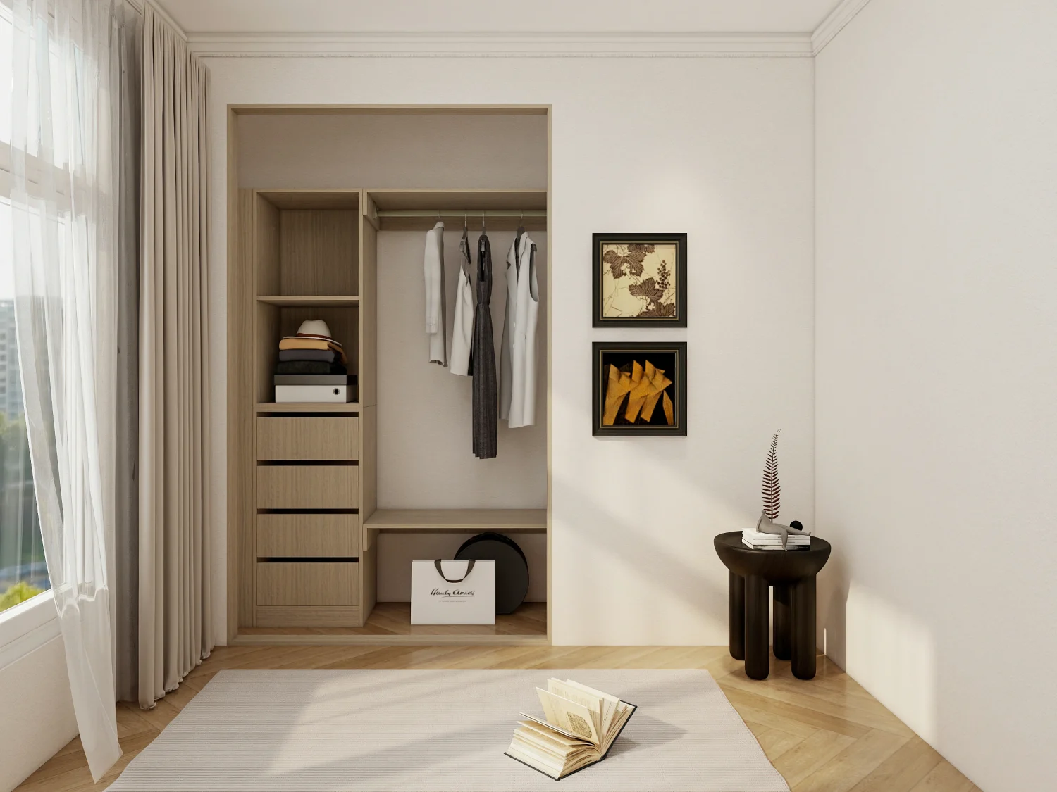 Open sliding closet doors in a minimalist bedroom setting.