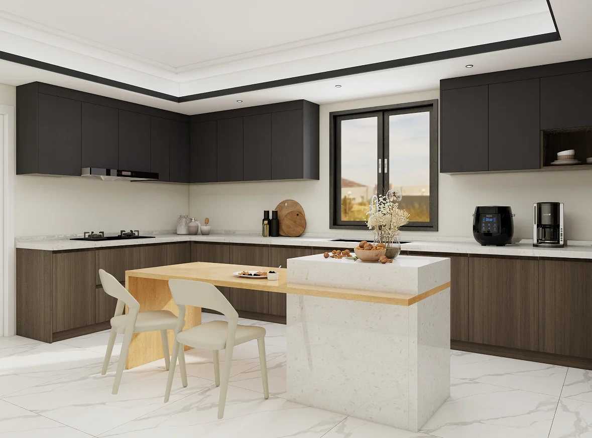 lemari dapur kecil dengan ekstensi meja konvertibel