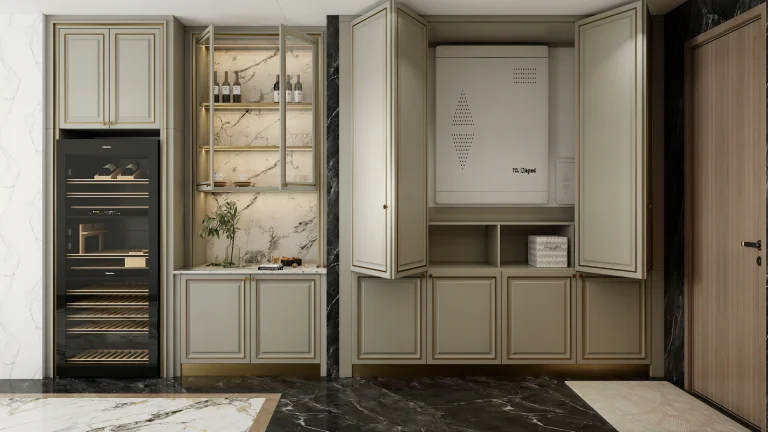 small kitchen cabinets with pivot and bi-fold doors open