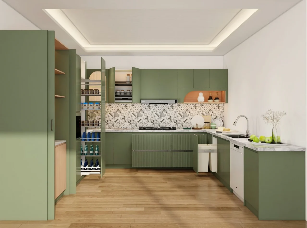 lemari dapur kecil dengan lampu backsplash ubin kereta bawah tanah