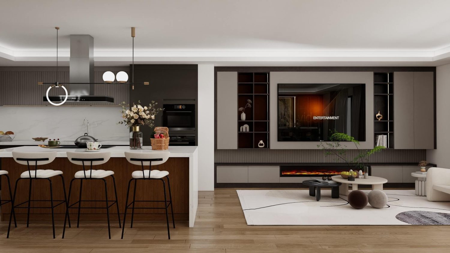 Modern kitchen with smart technology integration, featuring sleek design, advanced appliances, and seamless integration with living space.